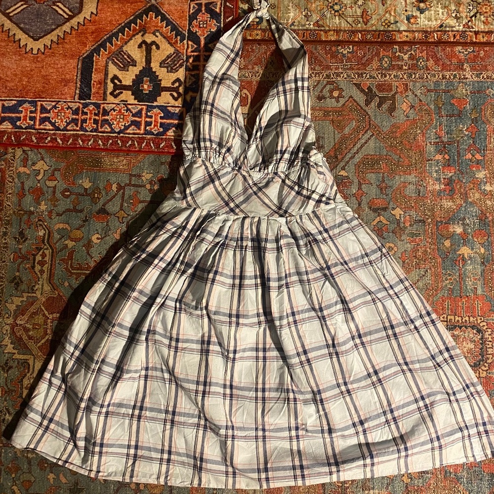 Merona Plaid/Light Blue Cotton Halter Dress